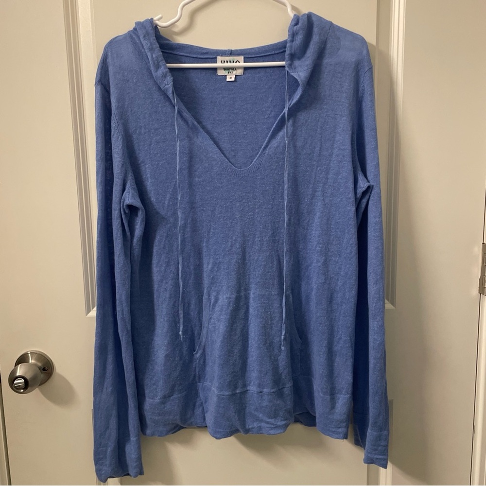 Hiho Tortola BVI M Blue linen pullover hoodie Vneck Longsleeve Lagenlook Grunge